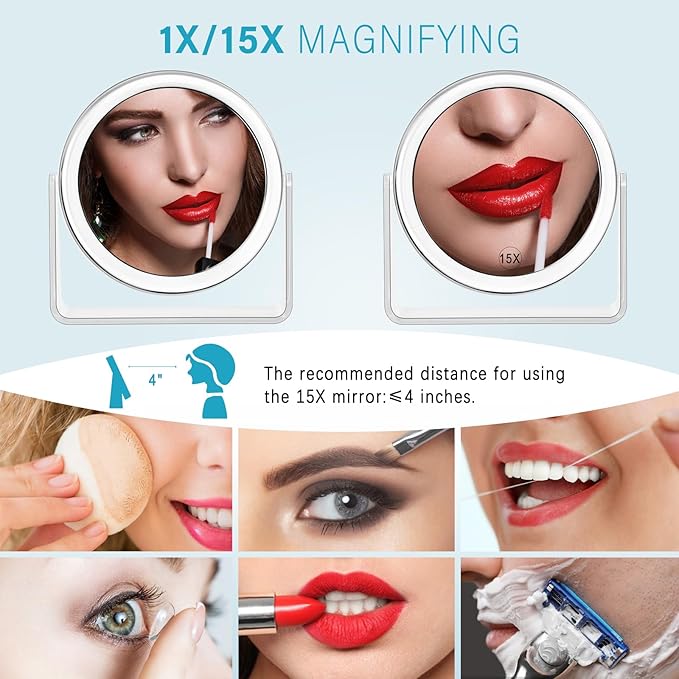 Espejo de Maquillaje 15X/1X Doble Cara con Base Giratoria 360° miniatura 2