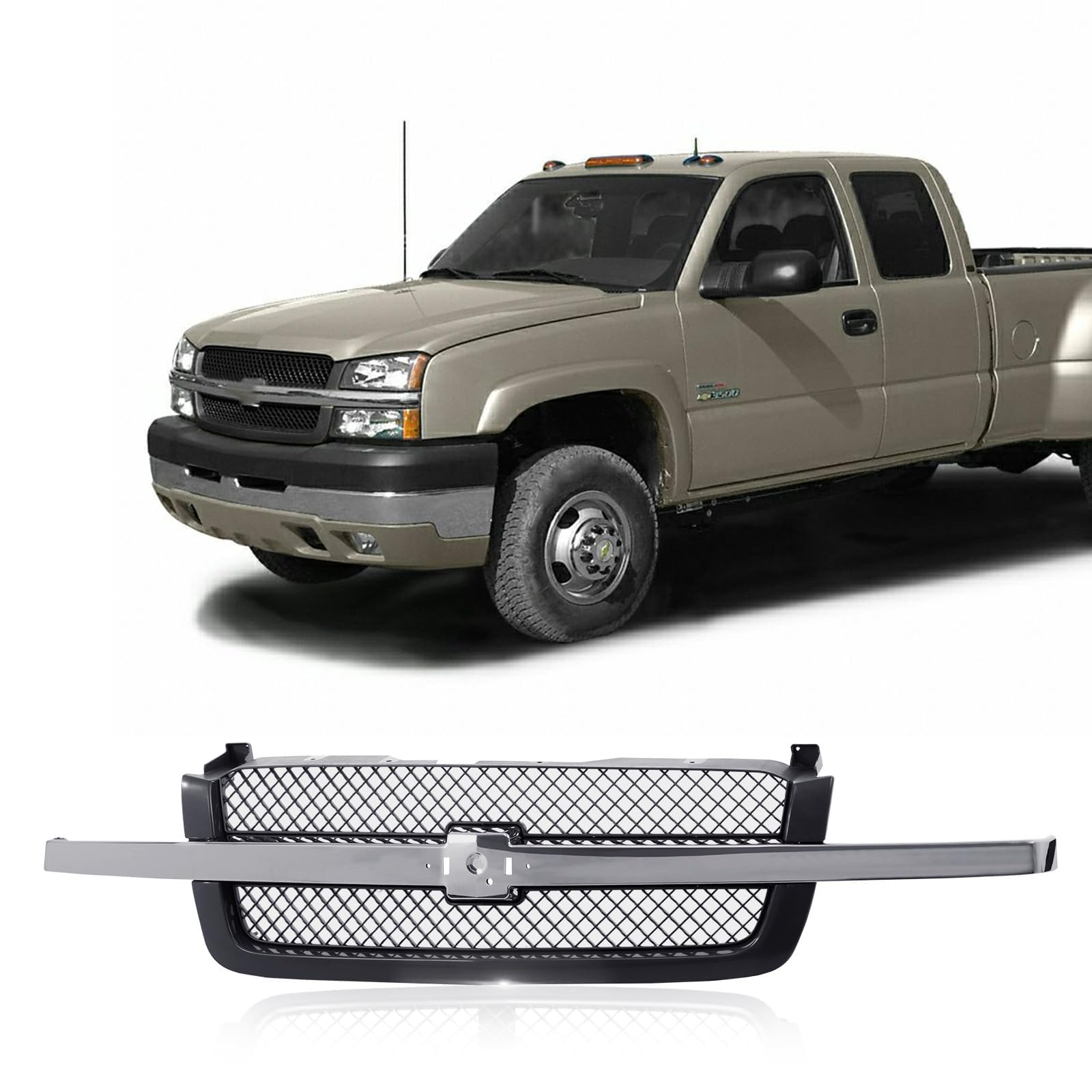 Front Upper Bright Black Grille Grill with Molding Smooth Frame Compatible with 2003-2006 Chevy Silverado 1500 2500 3500 HD, 2007 Only Classic Fits GM1200489 19168629