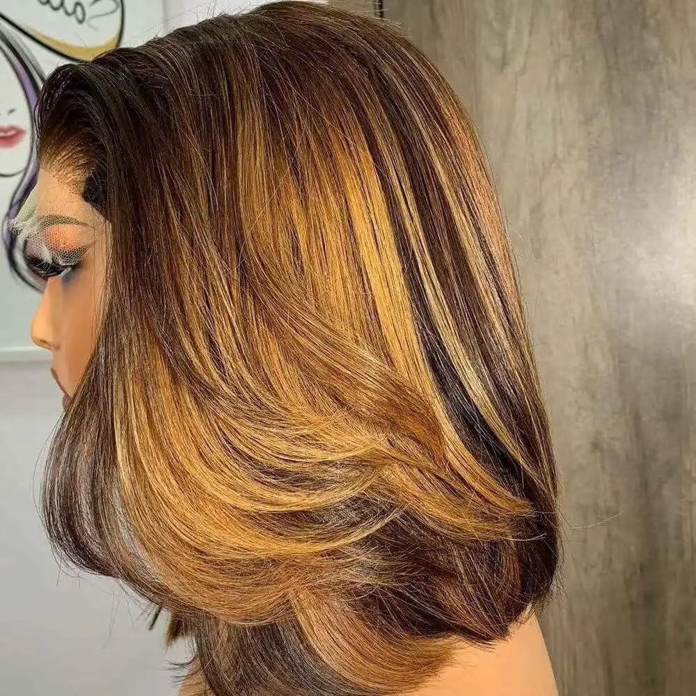 180% Density Honey Blonde Short Bob Human Hair Highlight Wigs with Baby Hair Bleached Knots #4/27 Ombre Brown Bob Straight HD Invisible Lace Front Wigs Brazilian Hair 13X4 Lace Frontal Wig 12Inch