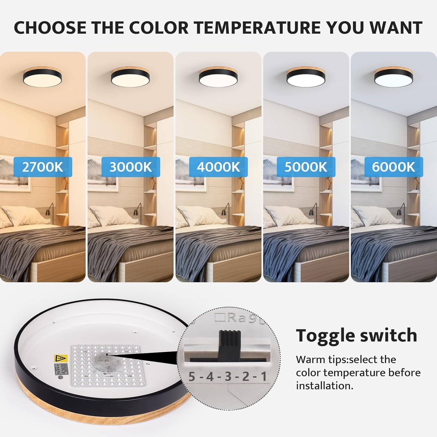 Modern Wood Oak Black Flush Mount Ceiling Light Dimmable LED Ceiling Light Fixture Minimalist Circle Close to Lighting Lamp for Kitchen Bathroom Bedroom Laundry Room, 11.8''