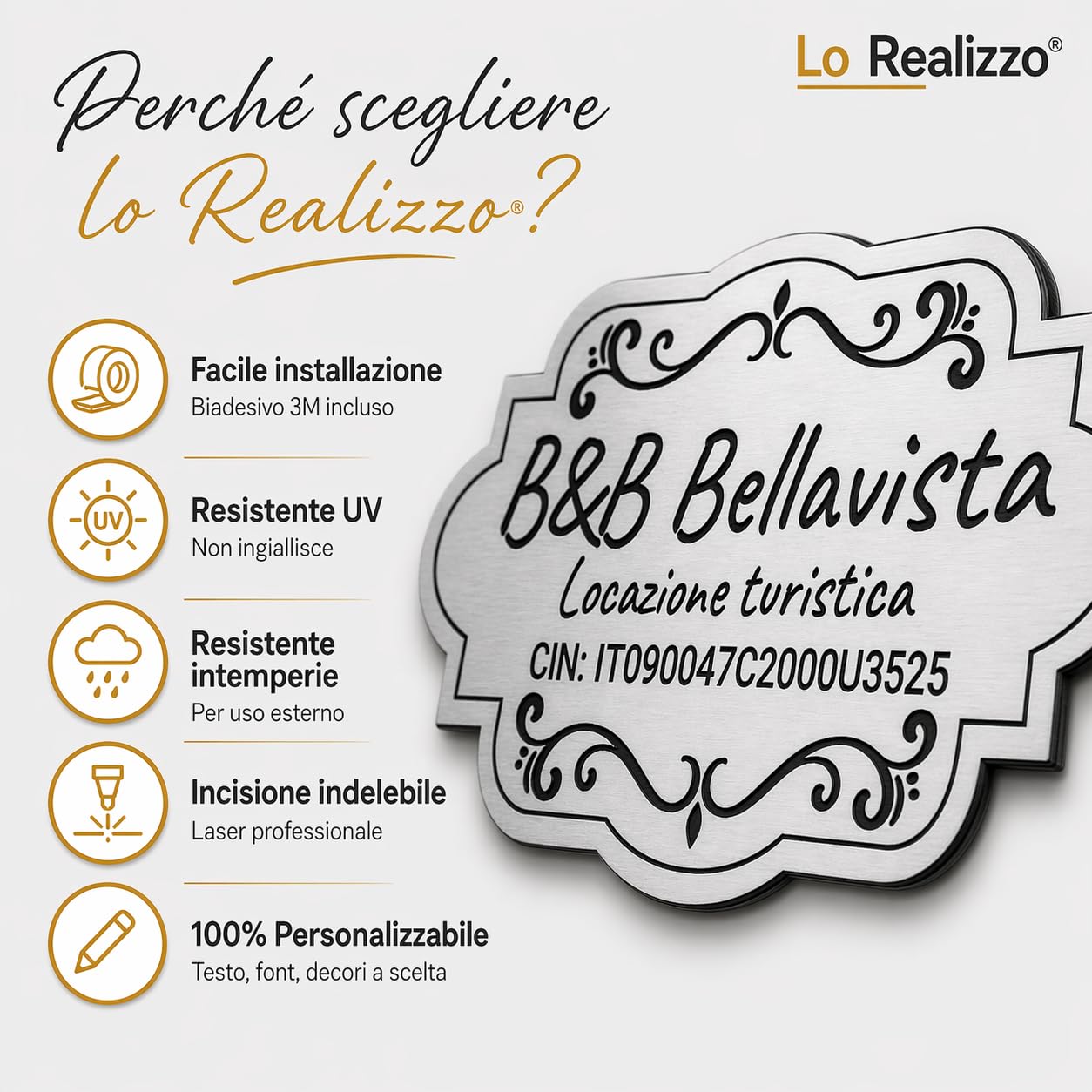Targa Personalizzata Casa Vacanze CIN (15x8,5 cm) Targhetta Porta Ingresso Esterno B&B Affittacamere Agriturismo Incisione Laser Indelebile Targhette Personalizzate Strutture Ricettive – Lo Realizzo®