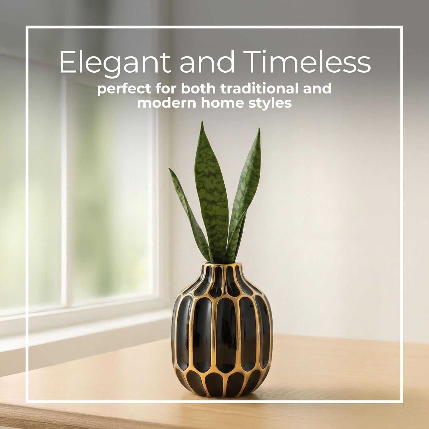 Elegant Ceramic Vase for Living Room Decor and Home Decor Accent - Modern Decorative Flower Vase for Room, Bedroom, or Office Desk - Designed for House and Table Decor - 8", Black & Gold