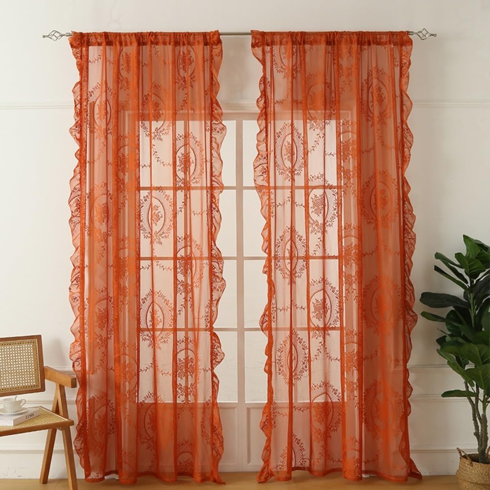 Sheer Lace Curtains,Floral Sheer Window Curtain Panels for Living Room Bedroom Rod Pocket 2 Panels Vintage Voile Window Treatment(M,Orange)