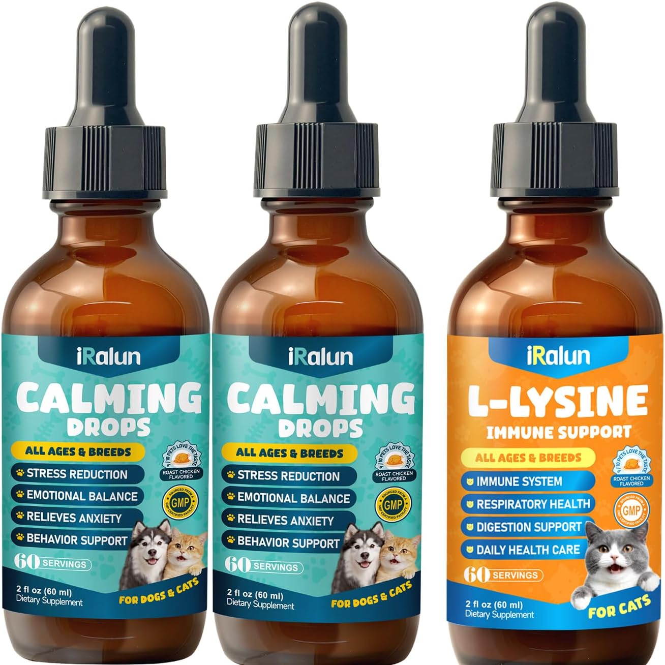 2 Pack Calming Drops for Dogs & Cats - Cat Calming Treats for Anxiety Relief, Relaxation, Sleep Aid + L-Lysine Supplement for Cats - Immune Support Lysine Drops of All Ages