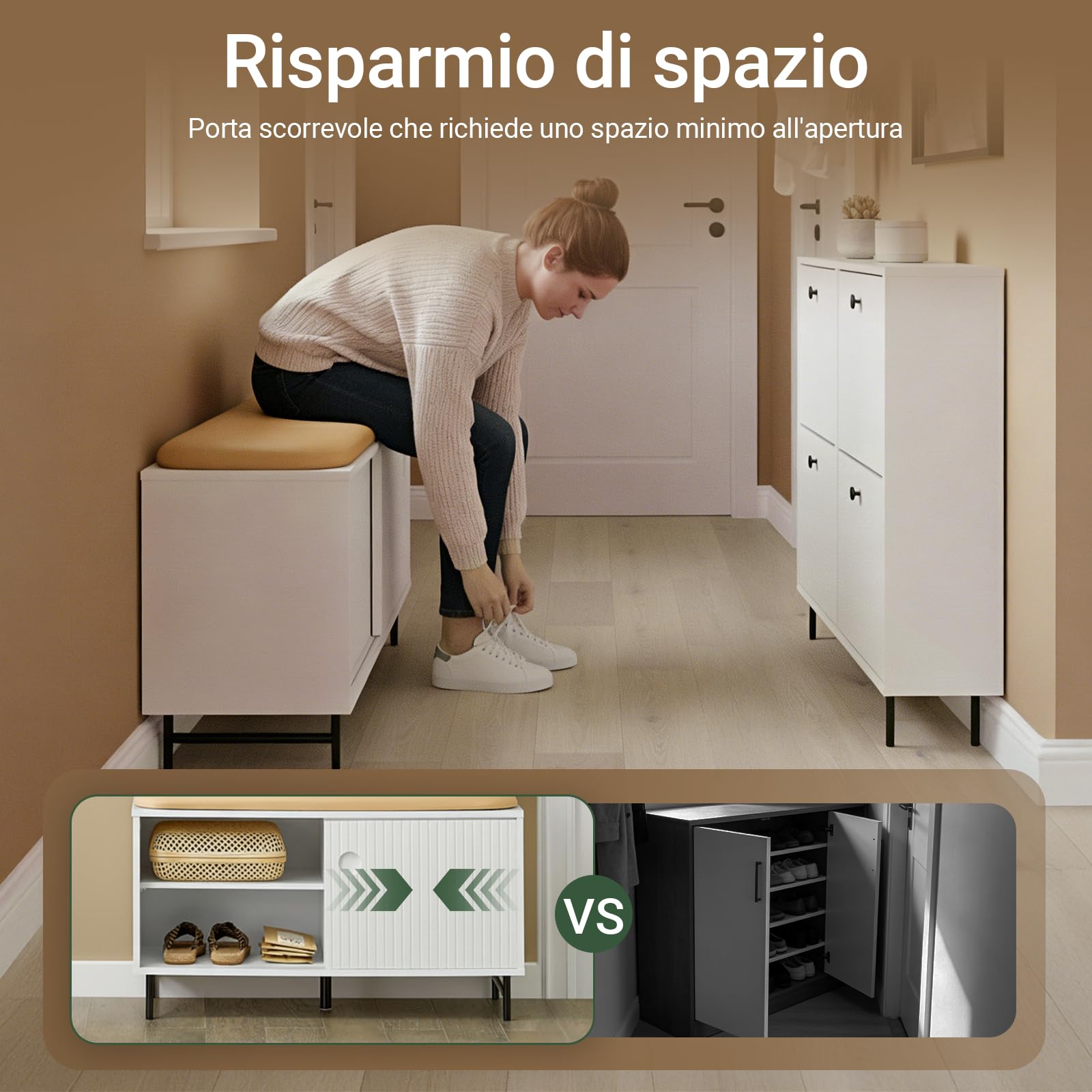 SoBuy Panca scarpiera con ante scorrevoli 85x37x49cm per ingresso | Cassapanca contenitore con seduta e 2 ante scorrevoli, 4 ripiani regolabili, MDF/bambù, carico 150kg FSR116-W