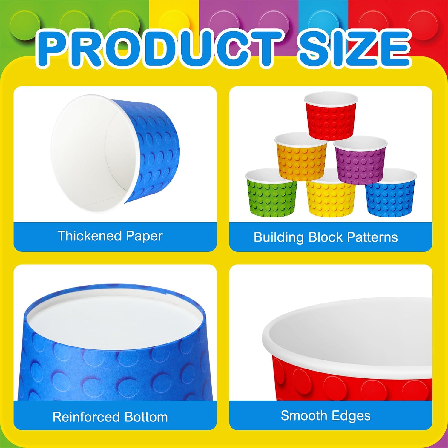 CHENGU 60 Pcs Building Block Snack Cups 9 oz Colorful Paper Ice Cream Bowls Disposable Decorative Building Brick Block Dessert Treat Soup Bowls for Hot or Cold Food image 4