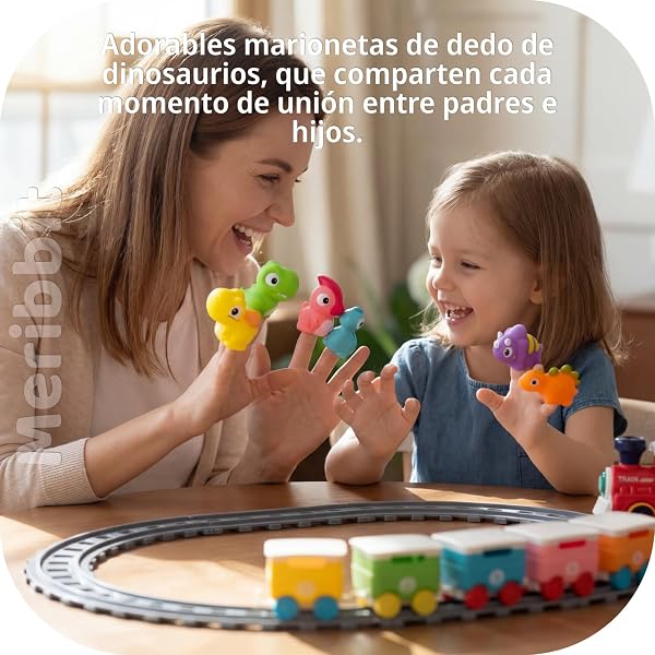 Meribbit Tren con Vías, Luces y Efecto Vapor, Marionetas de Dedo Dinosaurio, Juguetes Montessori Sensoriales, Juego Educativo para Niños de 2 Años, Regalo 1-3 Años - 4
