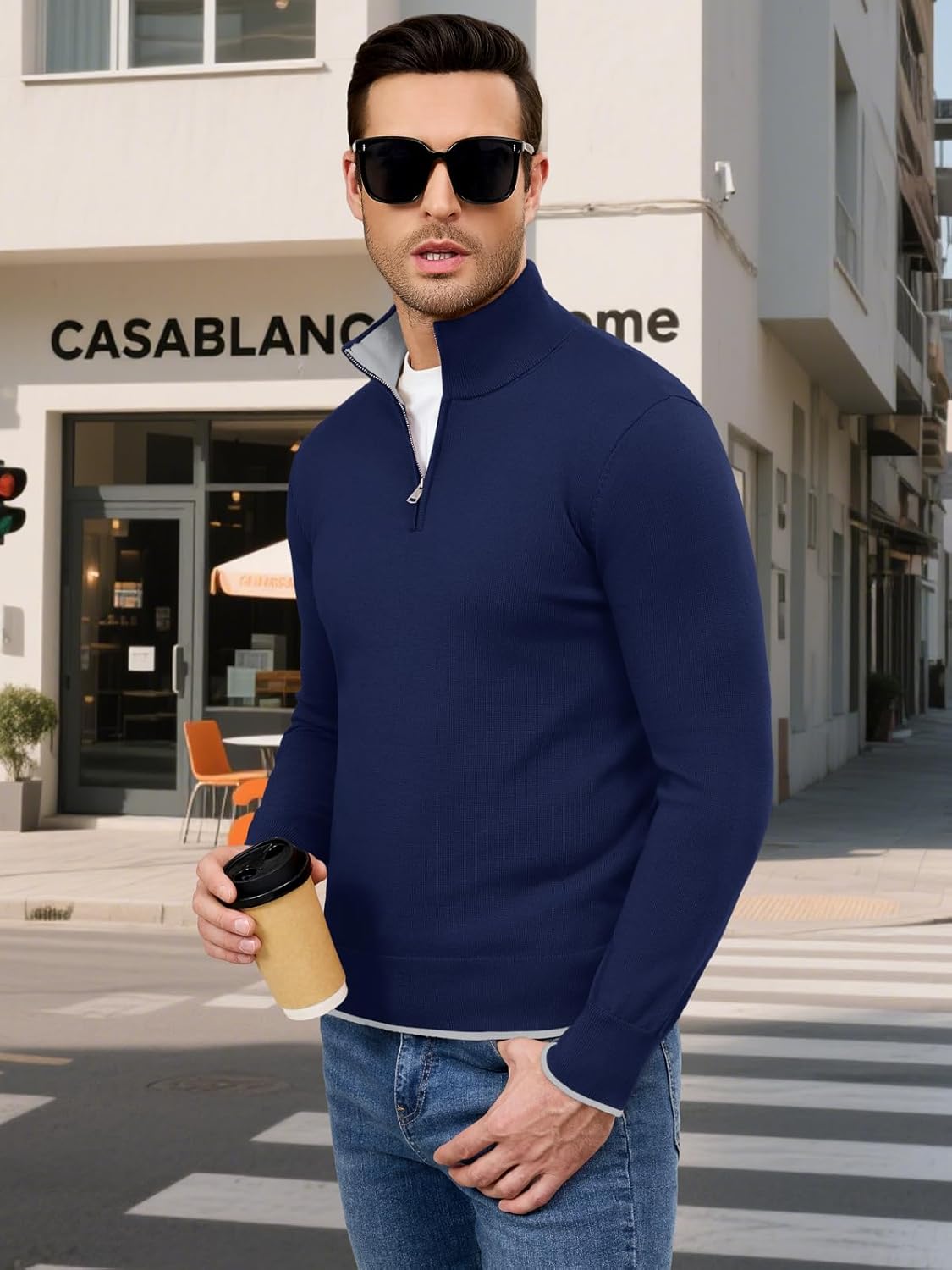 Auxo Mens Quarter Zip Pullover Sweater Long Sleeve Mock Neck Casual Slim Fit Knit Polo Sweaters - Image 4