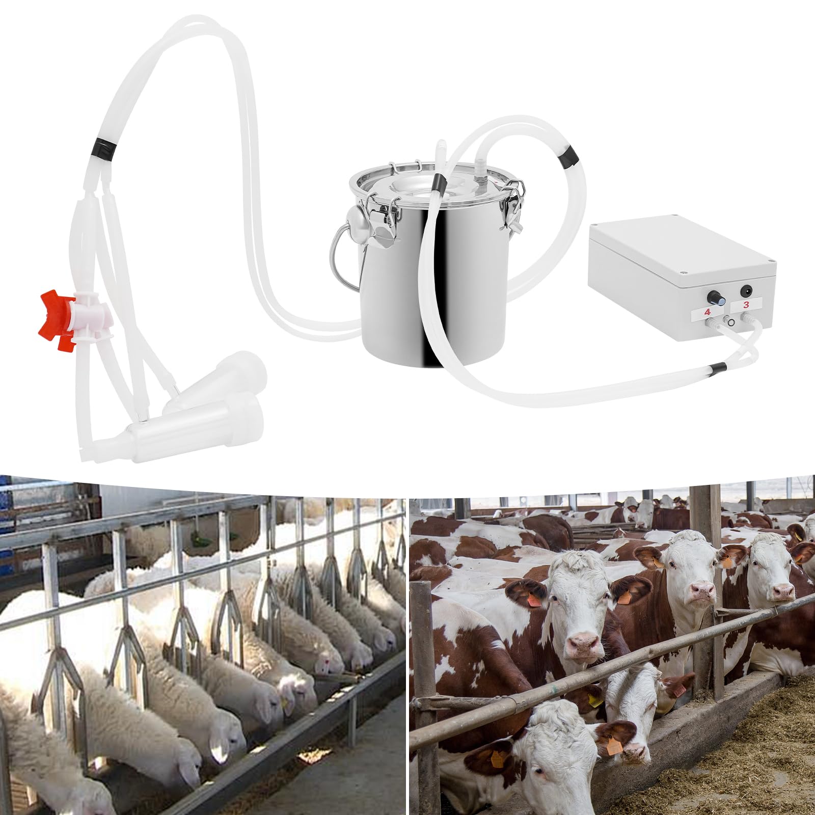 Máquina de ordeño de pulsaciones con depósito de acero inoxidable 3 L, ordeñadora eléctrica para cabras y vacas con caudal de 15 l/min, sistema automático de ordeño al vacío