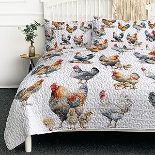 BlessLiving Oil Painting Rooster Printed Quilt Set 3 Pieces Cartoon Color Chicken Theme Soft Bedding Set with 2 Pillowcases for Kids Adults Bedroom Decor for Thanksgiving Day Gifts King Size