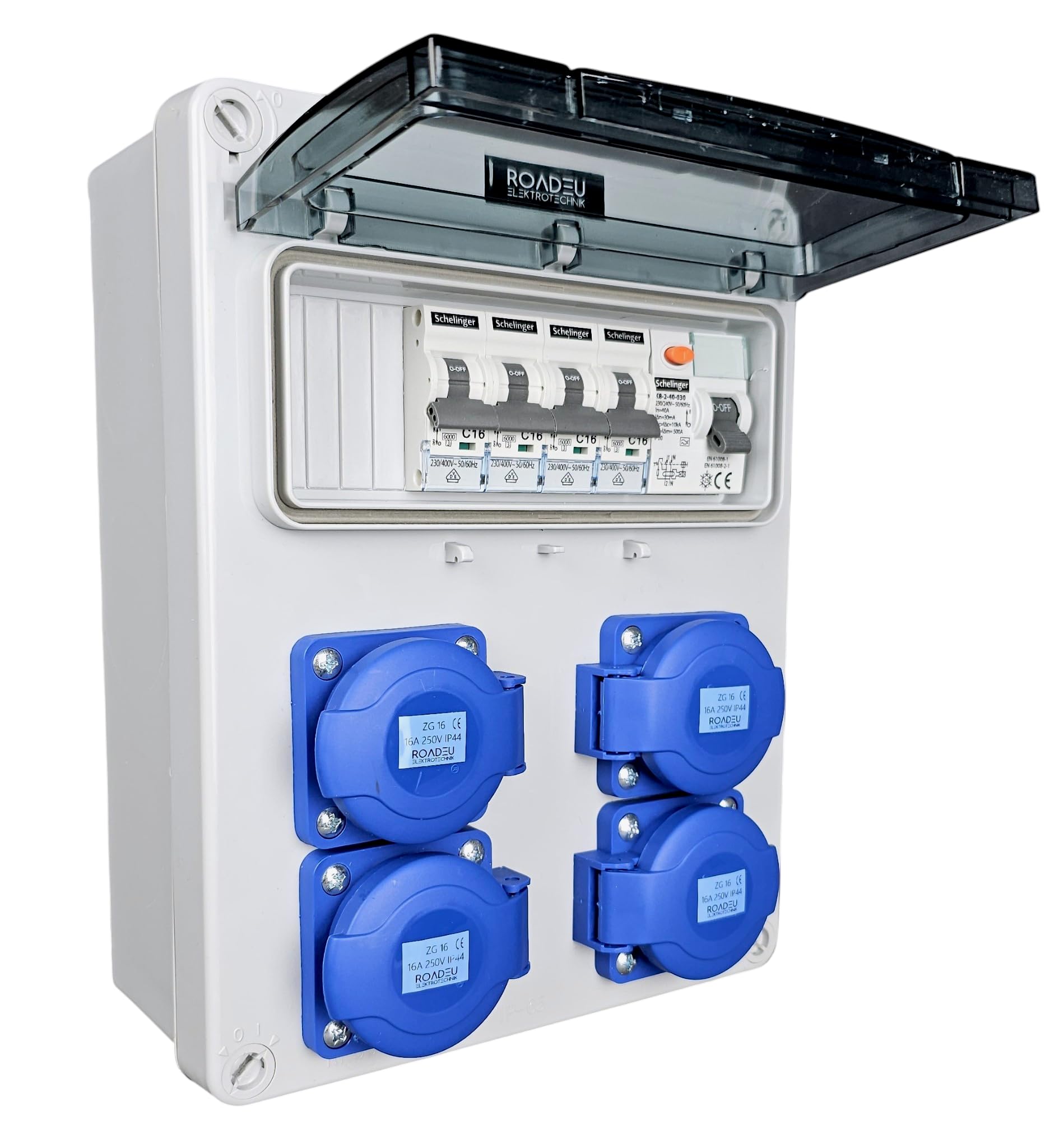 RoadEu Cuadro eléctrico 230V IP44 con diferencial y 4 tomas Schuko | 4 magnetotérmicos C16A VDE, cableado 2,5 mm², bornes N+PE, PG16, precableado