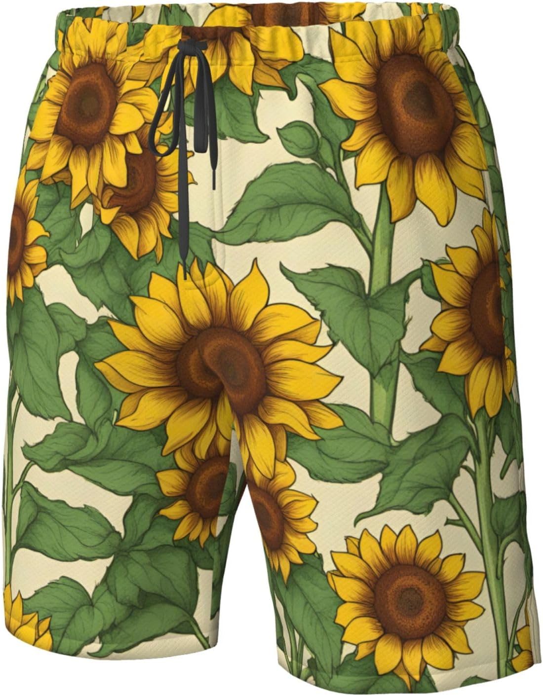 Mens Sunflower Print Beach Shorts,Casual Summer Shorts for Men,Quick Dry Polyester