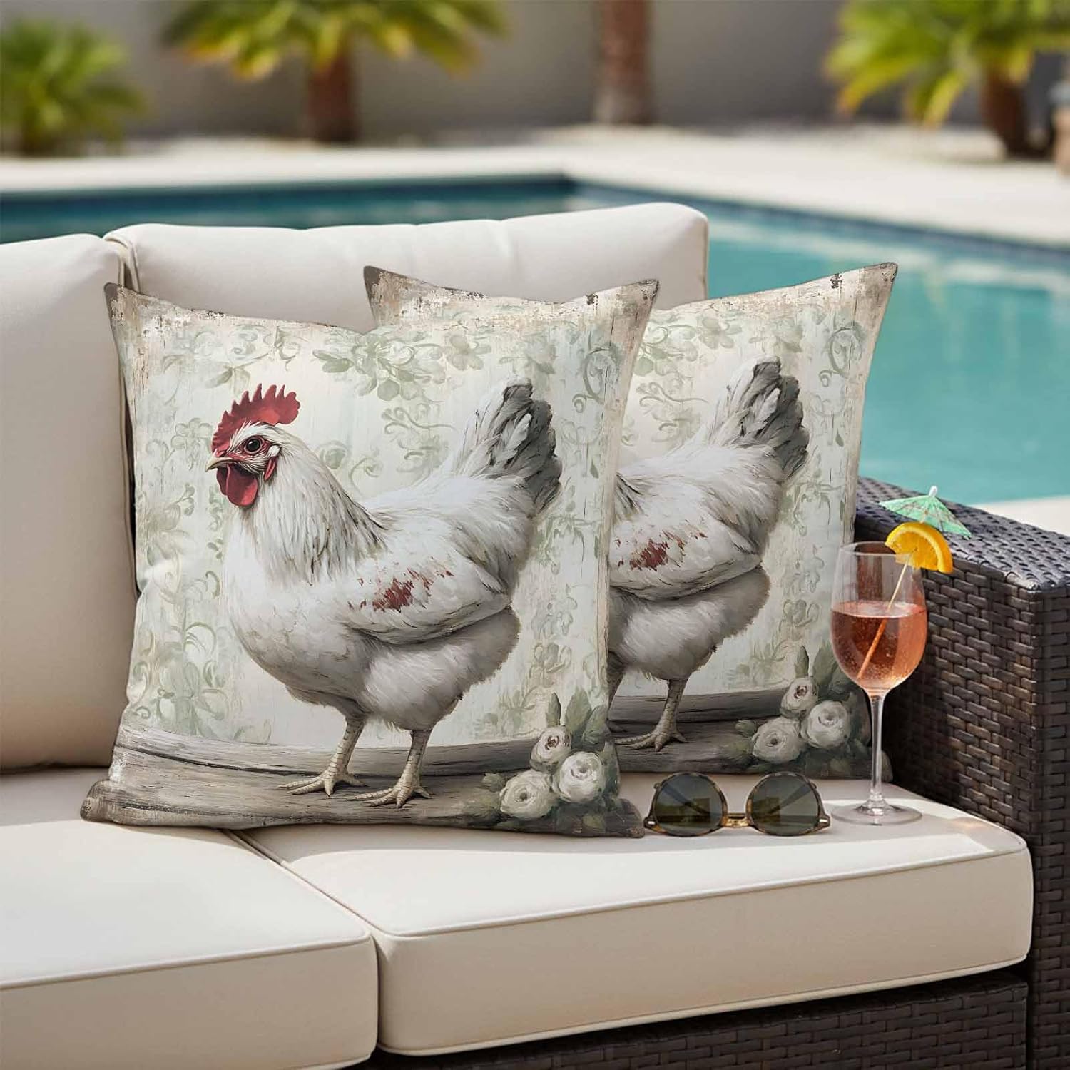 Outdoor Waterproof Throw Pillow Covers, White Chicken Rustic Decorative Pillow Cases, Vintage Floral Oil Painting Couch Pillow Protector Patio Sofa Cushion Covers Replacement 18"x18" 2 Pack