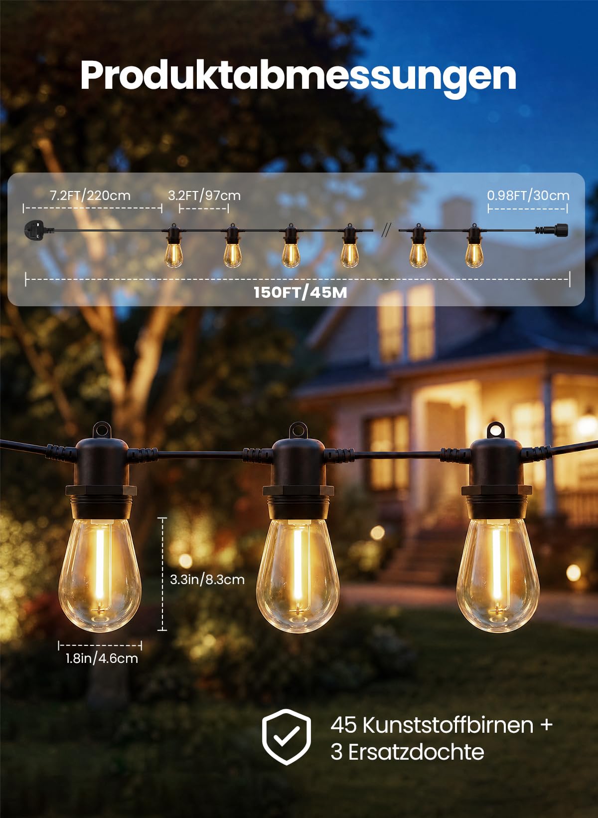 Lichterkette Außen 45M, LED Lichterkette Outdoor, Wasserdicht IP65, 45+3 S14 Plastik Birne Lichterketten Glühbirnen für Aussen Garten Terrasse Party Hochzeit, 2700K Warmweiß