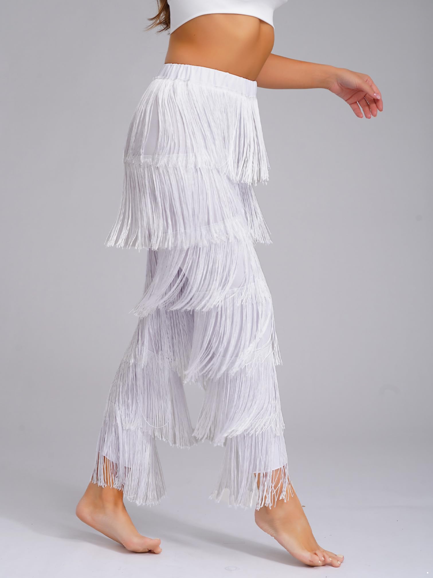 iiniim Pantalones de Baile Latino para Mujer con Flecos, Traje Negro Elegante con Cintura Elástica, para Tango y Clases de Baile de Salón