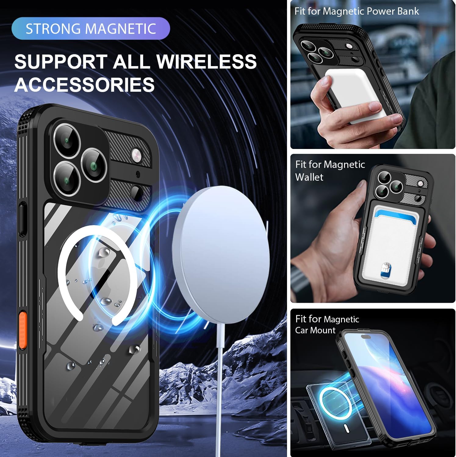 Ezanmull for iPhone 17 Pro Max Waterproof Case, with Built-in Screen Protector Rugged Dustproof Shockproof Full Body Underwater Protective Phone Cover (M Black, for iPone 17 Pro Max)