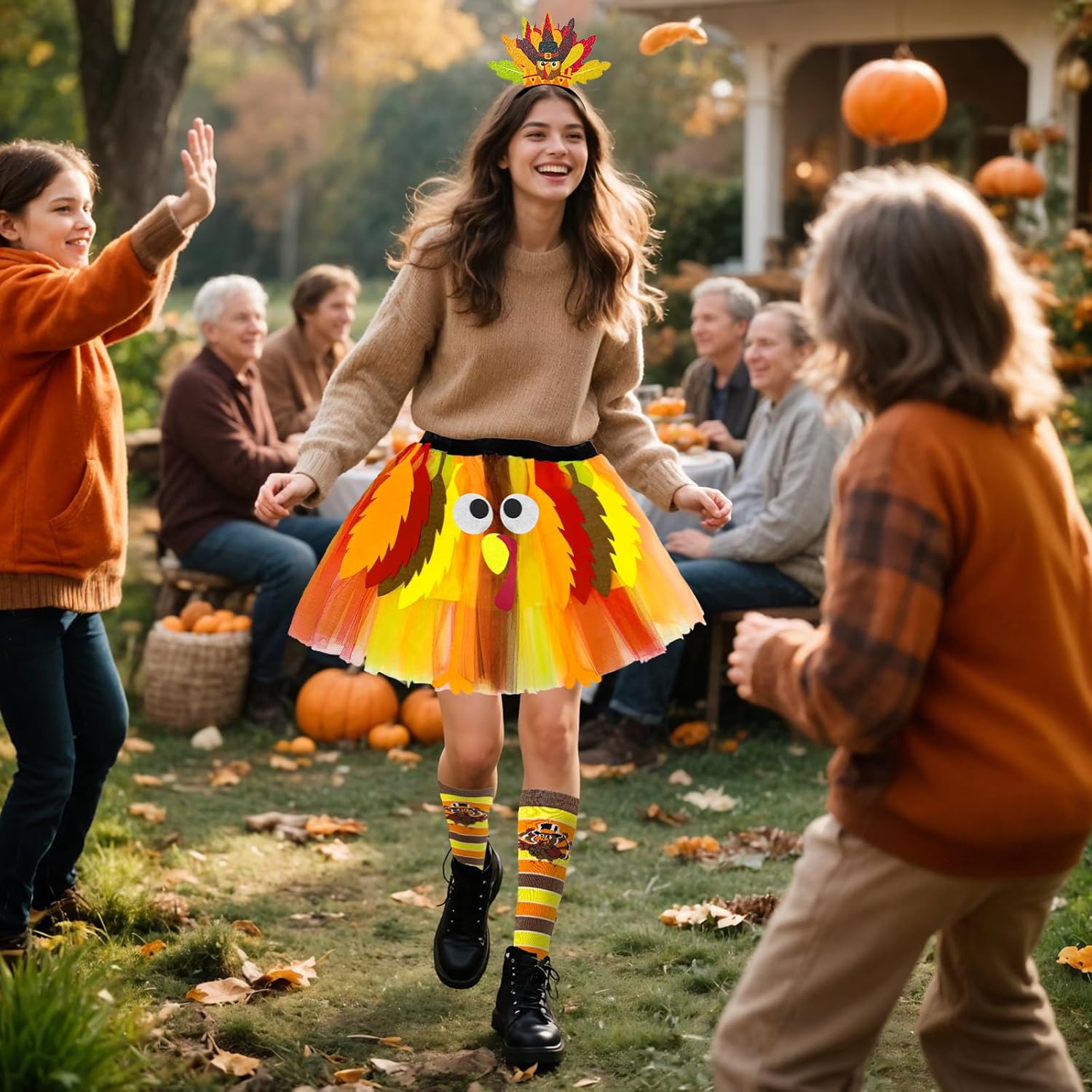 Hikkcos Thanksgiving Turkey Tutu Costume Turkey Trot Skirt with Headband Sock for Womens Thanksgiving Outfits Cosplay Party - Image 4