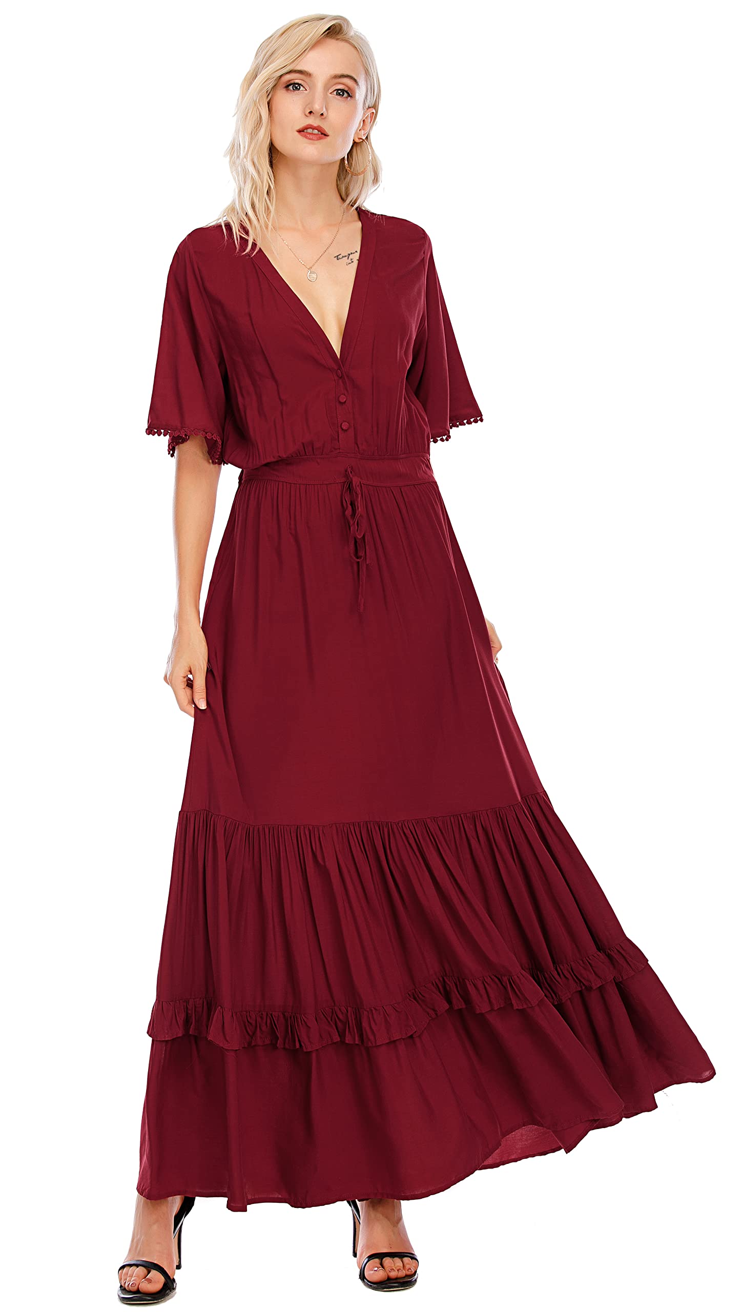 R.Vivimos Abito Boho Estivo Donna Abito Sexy Scollo a V Bottoni Manica Corta Vestito Elegante con Volant Orlo Abito Lungo Maxi da Spiaggia Casual per Le Vacanze(S,Vino Rosso)