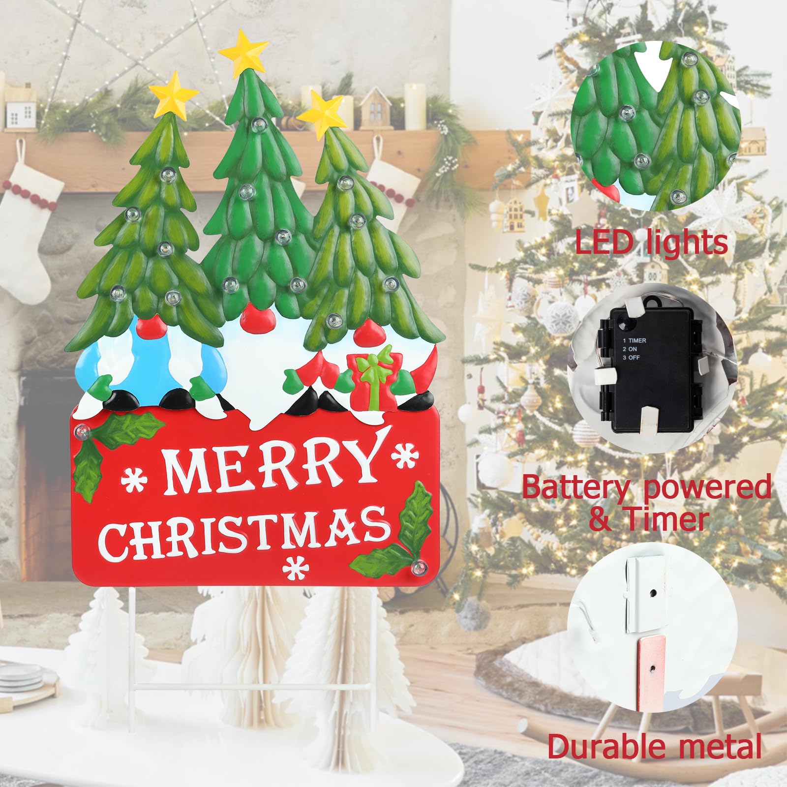 Piquets de cour de Noël lumineux avec nains de Noël à LED, arbres de Père Noël, piquets de cour en métal éclairés, panneau « Merry Christmas », piquet de jardin, pelouse, allée, décoration extérieure