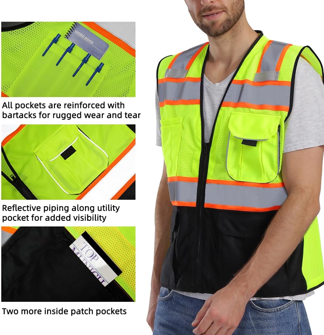 Dib Safety Reflective Safety Vest with Pockets Zipper, Yellow and Black L | Made with 3M Reflective Tape, ANSI Class 2 Compliant Mesh High Visibility Vest for Men Women