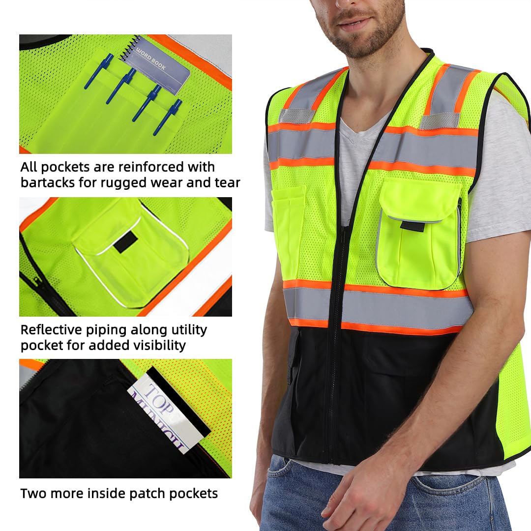 Dib Safety Chaleco de malla reflectante con bolsillos y cremallera, fabricado con cinta reflectante 3M, amarillo y negro