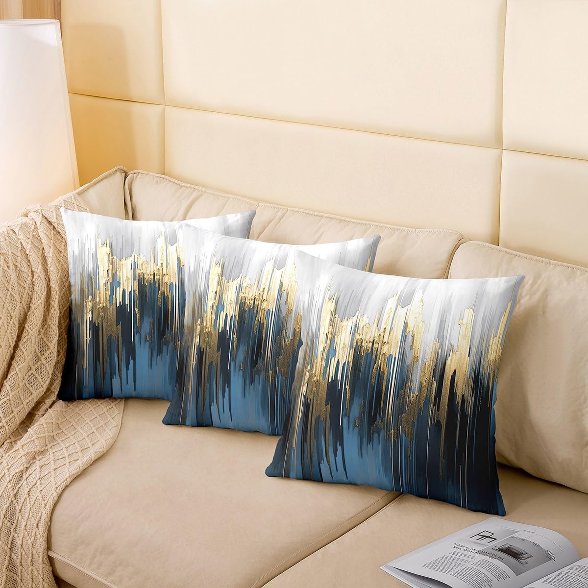 Erosebridal Set of 2 Abstract Art Pillow Covers Grey Gold Blue Grey Throw Pillow Covers, Stripe Cushion Covers 24x24 Inch Golden Metallic Sequins Tie Dye Luxurious Modern Cushion Cases