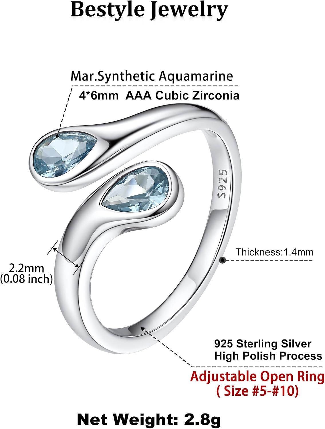 Bestyle Silver Birthstone Ring for Women, Dainty Sterling Silver Teardrop Ring Open Adjustable Band Ring, Love Statement TOI et Moi Ring Promise Ring for Her
