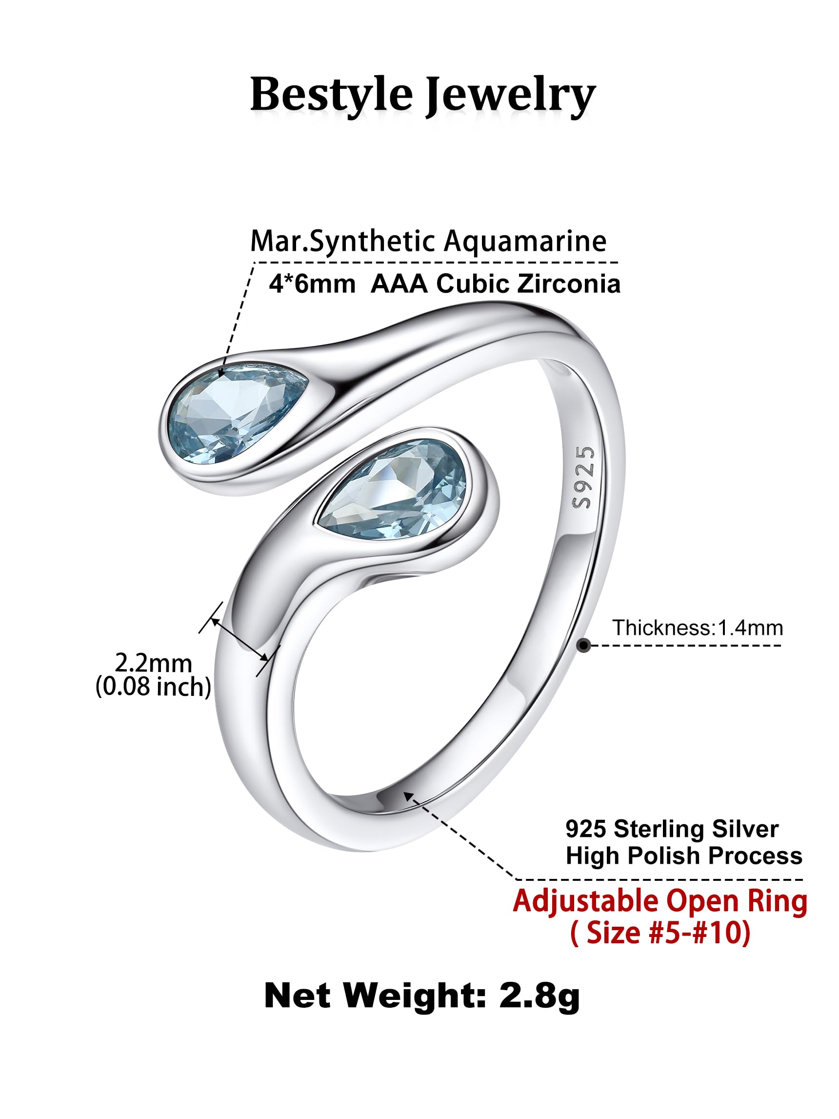 Bestyle Anillos Mujer Anillo Gotas de Agua Anillos Plata de Ley 925 Anillo Ajustable Abierto Anillo con Piedra Nacimiento Anillos de Compromiso Boda Alianzas