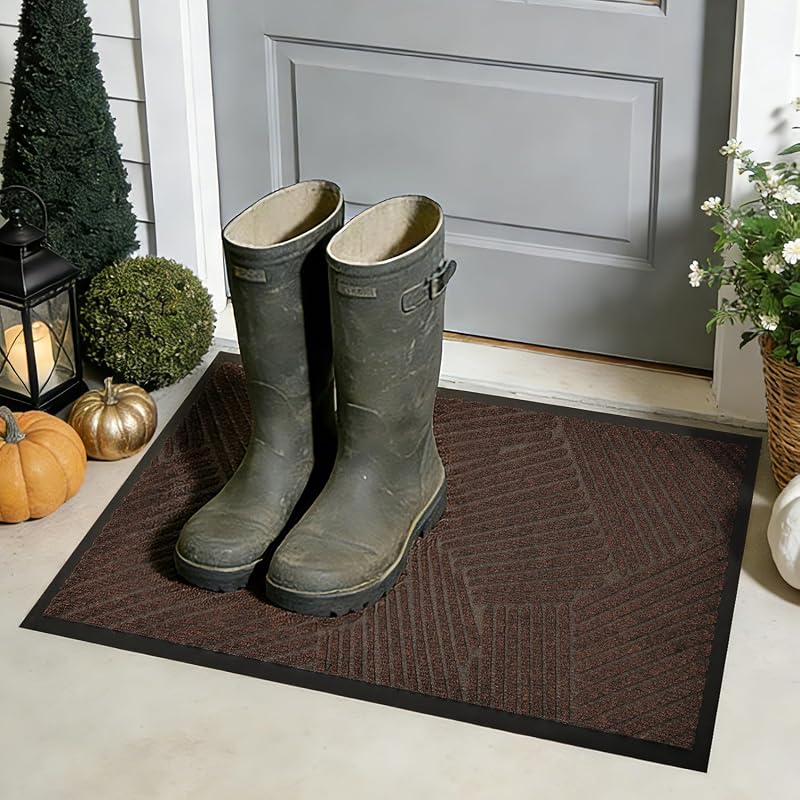 Tapete de Porta Retangular Marrom-Escuro 40,6 x 61 cm BelleCosy para Áreas Internas e Externas