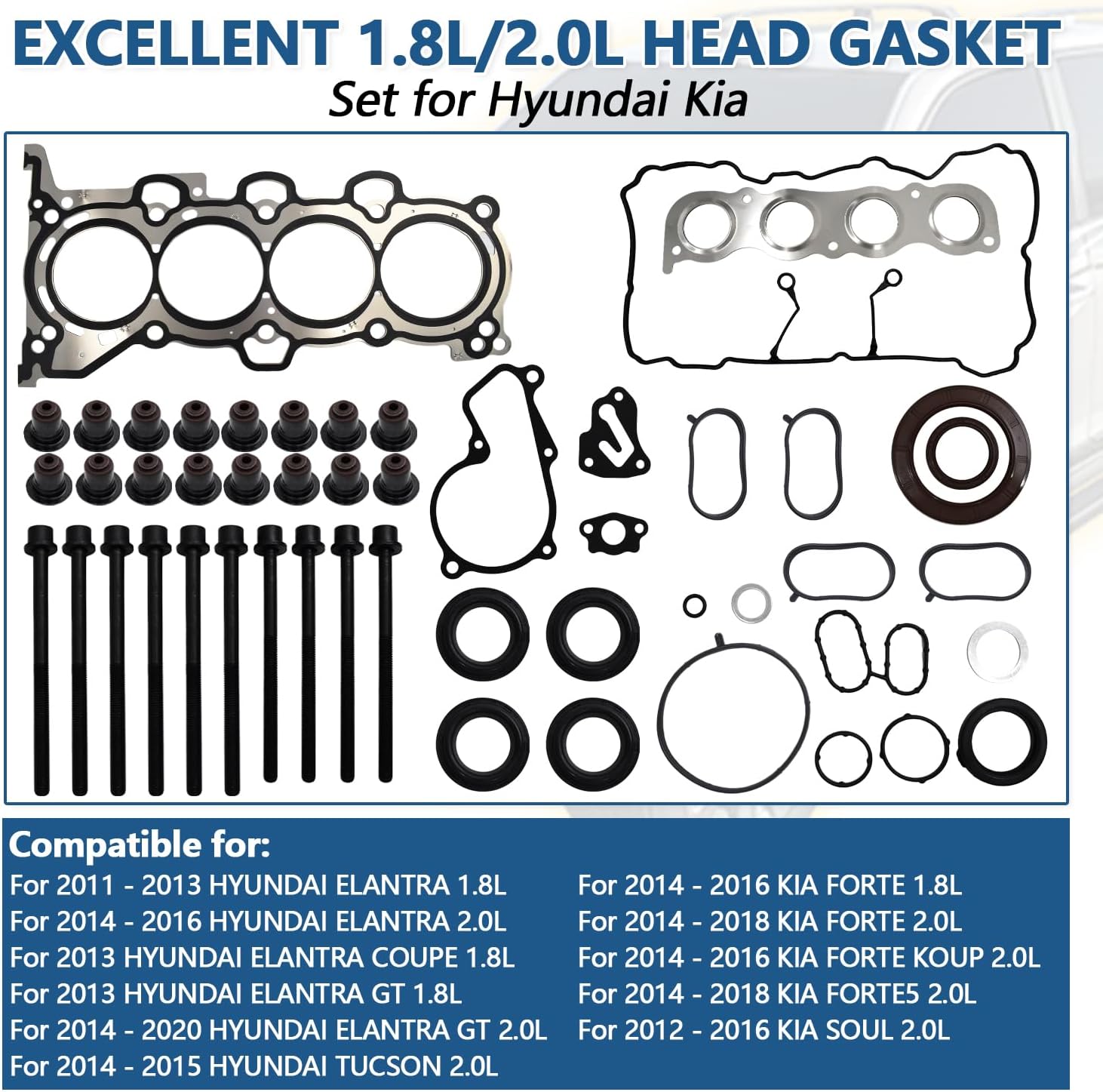 CPW13795 Cylinder Engine Head Gasket Set Fits for Hyundai ELantra Tucson 2011-2020 1.8L 2.0L Fit for KIA Forte Soul 2012-2018 1.8L 2.0L with Cylinder Head Bolt Set # ES72486