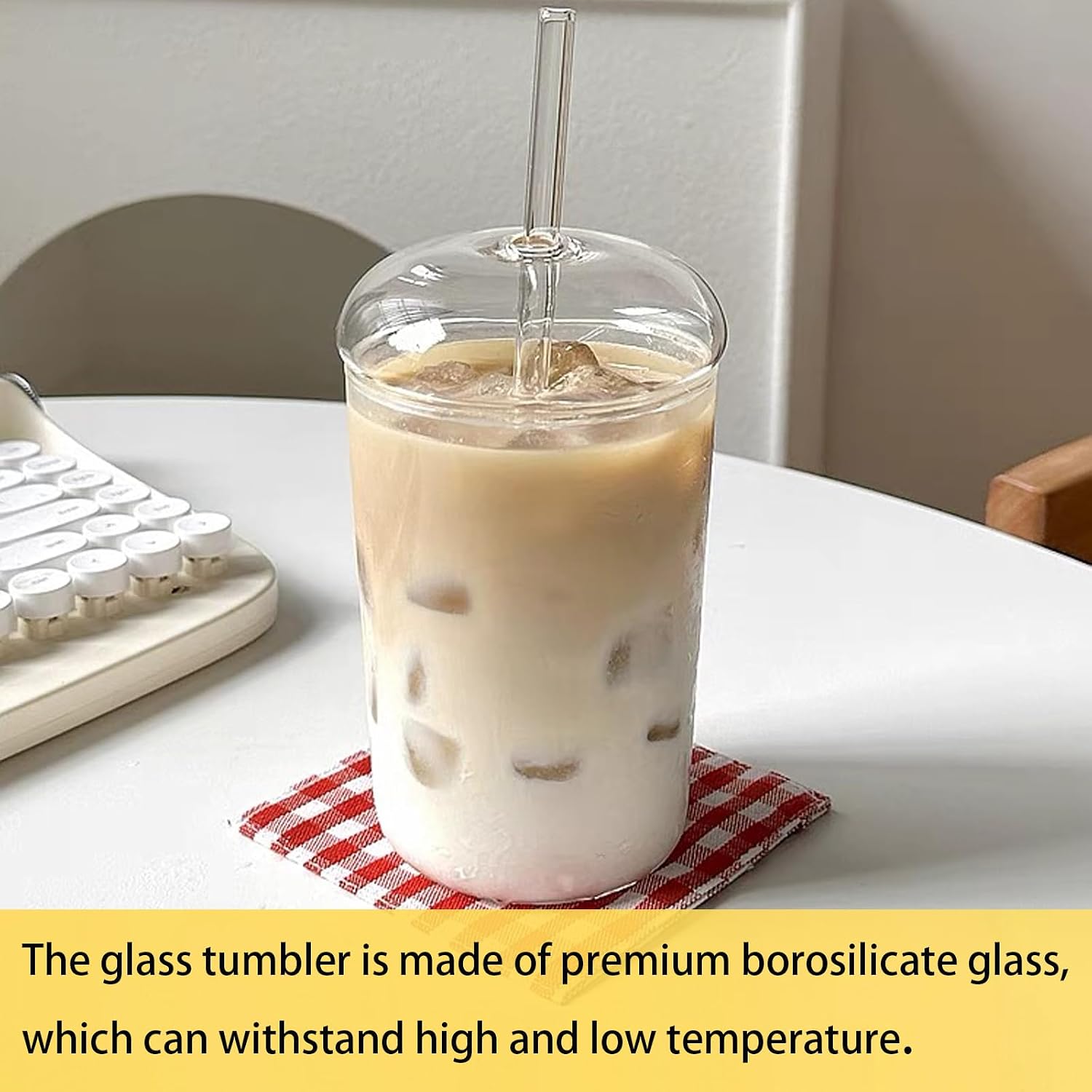 Qancesd Iced Coffee Cup with Lid and Straw, 16oz Glass Tumbler with Dome Lid, Drinking Glasses for Smoothies, Juice