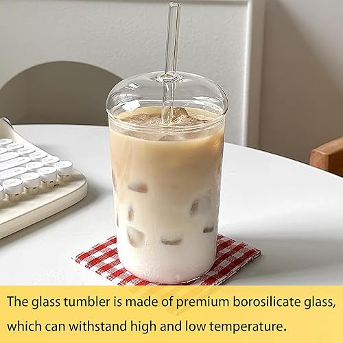 Miniatura 5 de Vaso de vidrio con tapa y pajita, tazas de café helado de 16 onzas con tapas, vaso de vidrio con tapa de cúpula, vaso de vidrio con pajilla, vasos