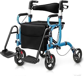 FANTASK Rollator mit Sitz, faltbar und leicht Reiserollator, Rollatoren 6-fach höhenverstellbar, Gehhilfe Aluminium mit Tasche & Bremse & Stockhalter, Laufhilfe für Senioren (Blau)