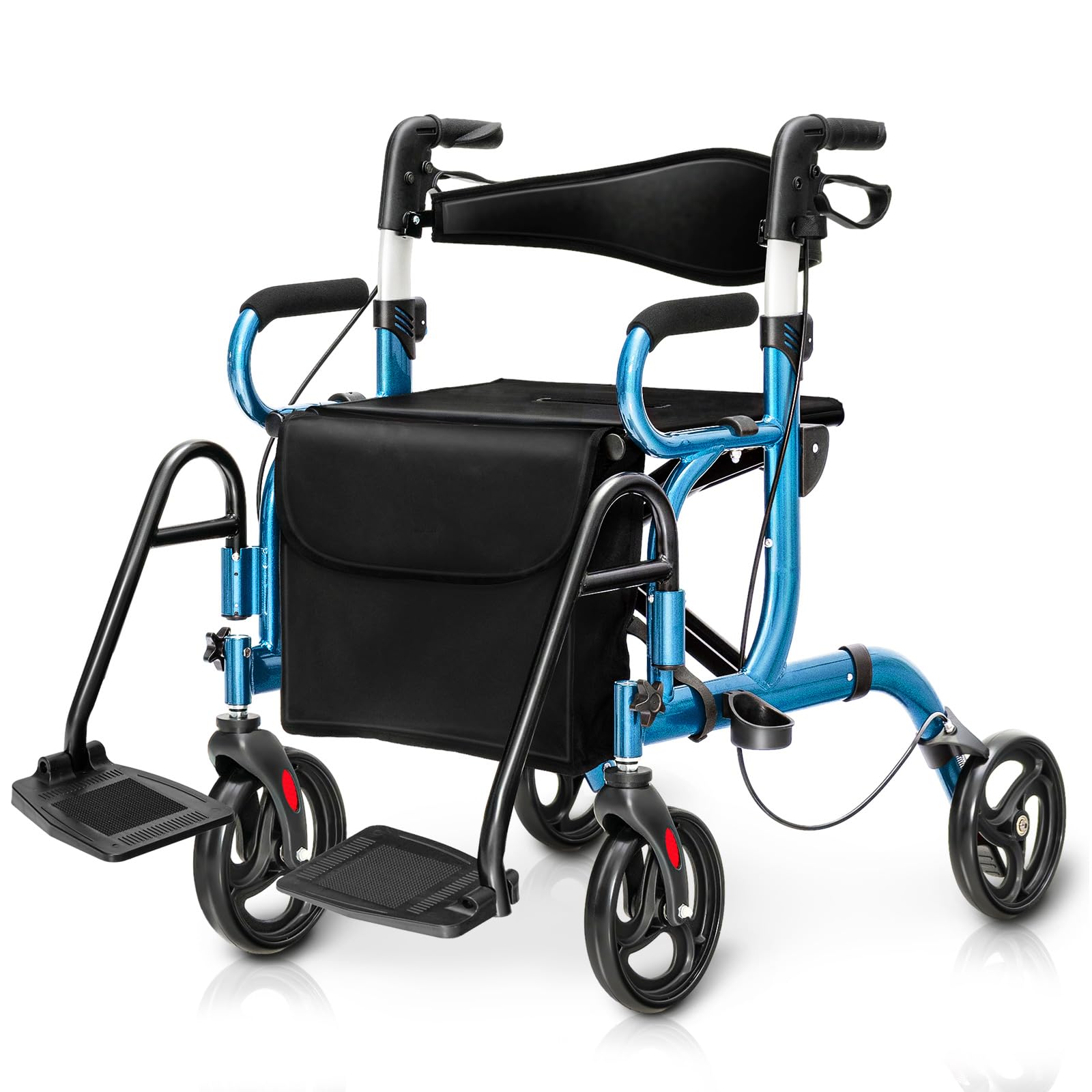 HOMASIS 2 en 1 Andador con Ruedas PVC para Ancianos, Andador Plegable con Asiento y Mangos de 6 Alturas Ajustables, Silla de Transporte, Marco de Aluminio, Hasta 160 kg (Azul)