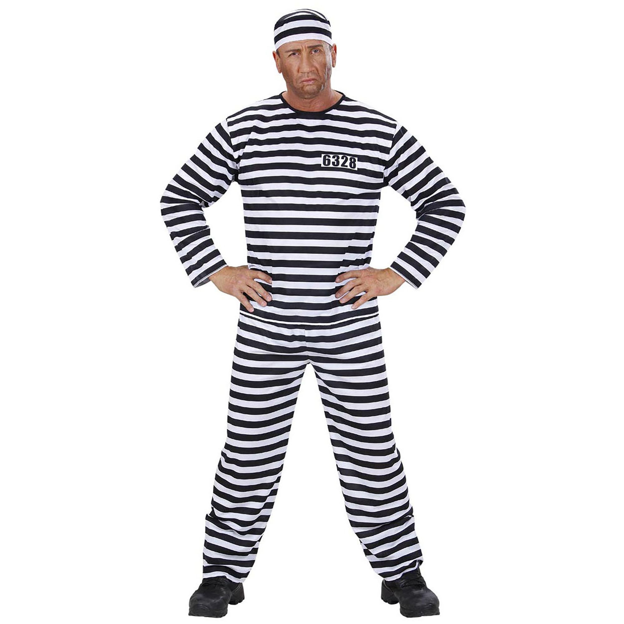 Mens Convict Black/White Costume Large UK 42/44" for Prisoner Jail Fancy Dress
