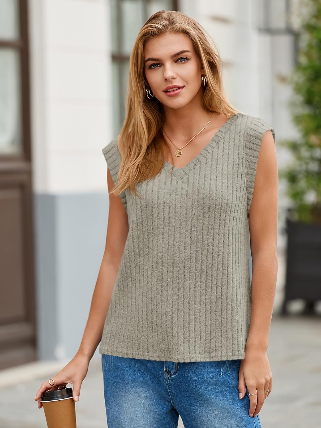 Cicy Bell Womens Ribbed Cap Sleeve Tank Tops V Neck Knit Summer Casual Shirts Lightweight Pullover Sweater Vest - Image 5