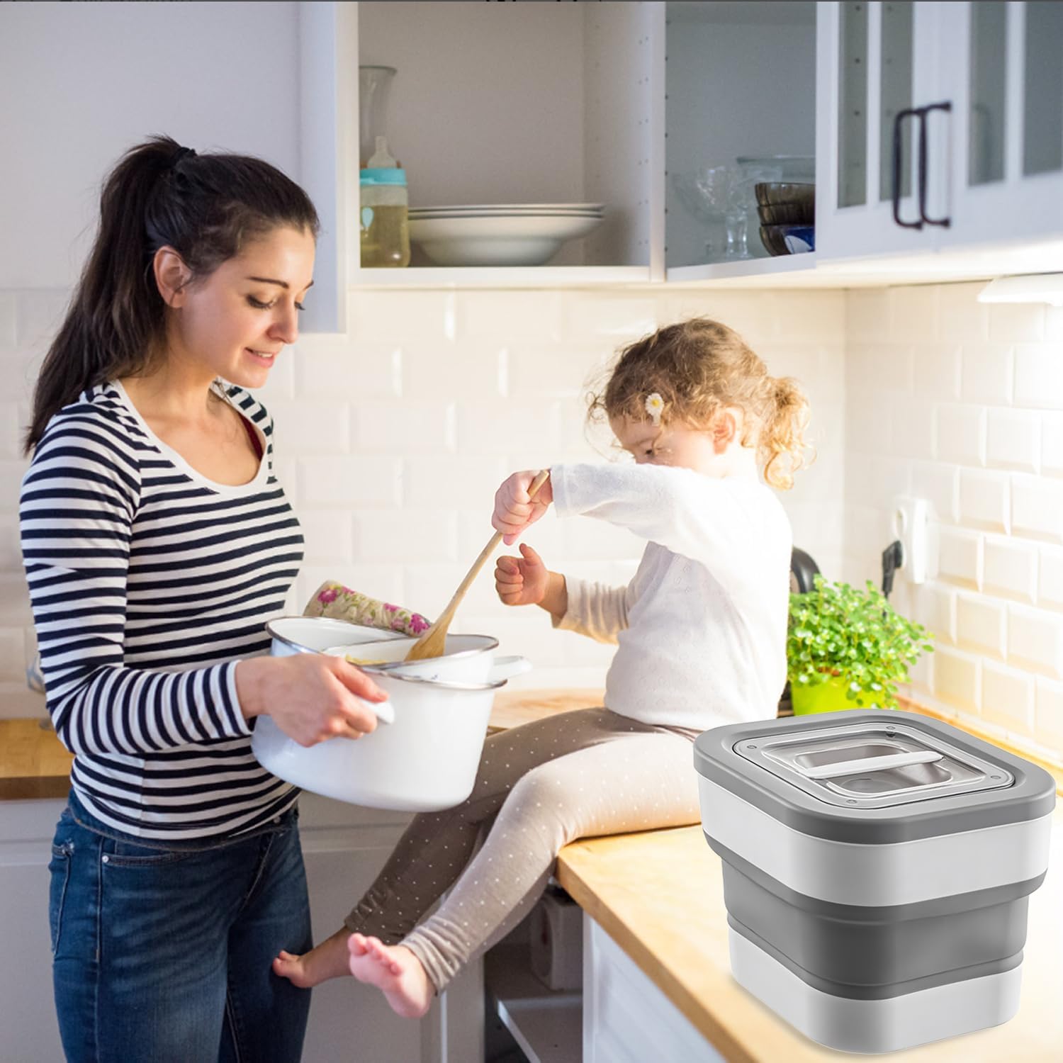 Collapsible Airtight Rice Storage Container,Holds 11-27.5 Lbs,with Magnetic Locking Lid Rice Dispenser Bin,with Measuring Cup,Food Storage for Flour Cereal Pasta Grain Corn Wheat