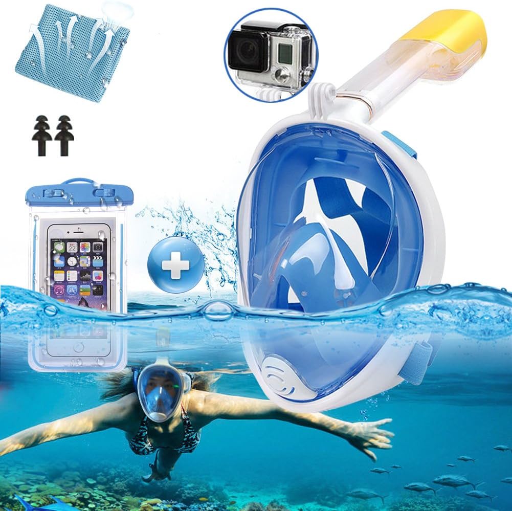 180° Full Face Snorkel Mask - Panoramic Seaview Diving Mask and Snorkel with Mount Anti-Fog Anti Leak Swim Mask for Adults