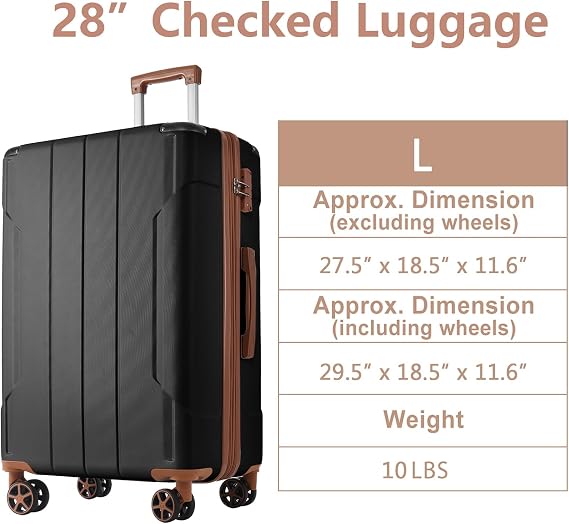 28 Inch Large Luggage with Dual 360 Spinner Wheels, TSA Lock, ABS Hardshell Luggage, Airline Approved Lightweight Durable Polypropylene (Black Brown)