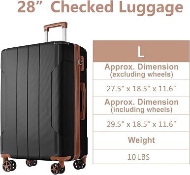 28 Inch Large Luggage with Dual 360 Spinner Wheels, TSA Lock, ABS Hardshell Luggage, Airline Approved Lightweight Durable Polypropylene (Black Brown)
