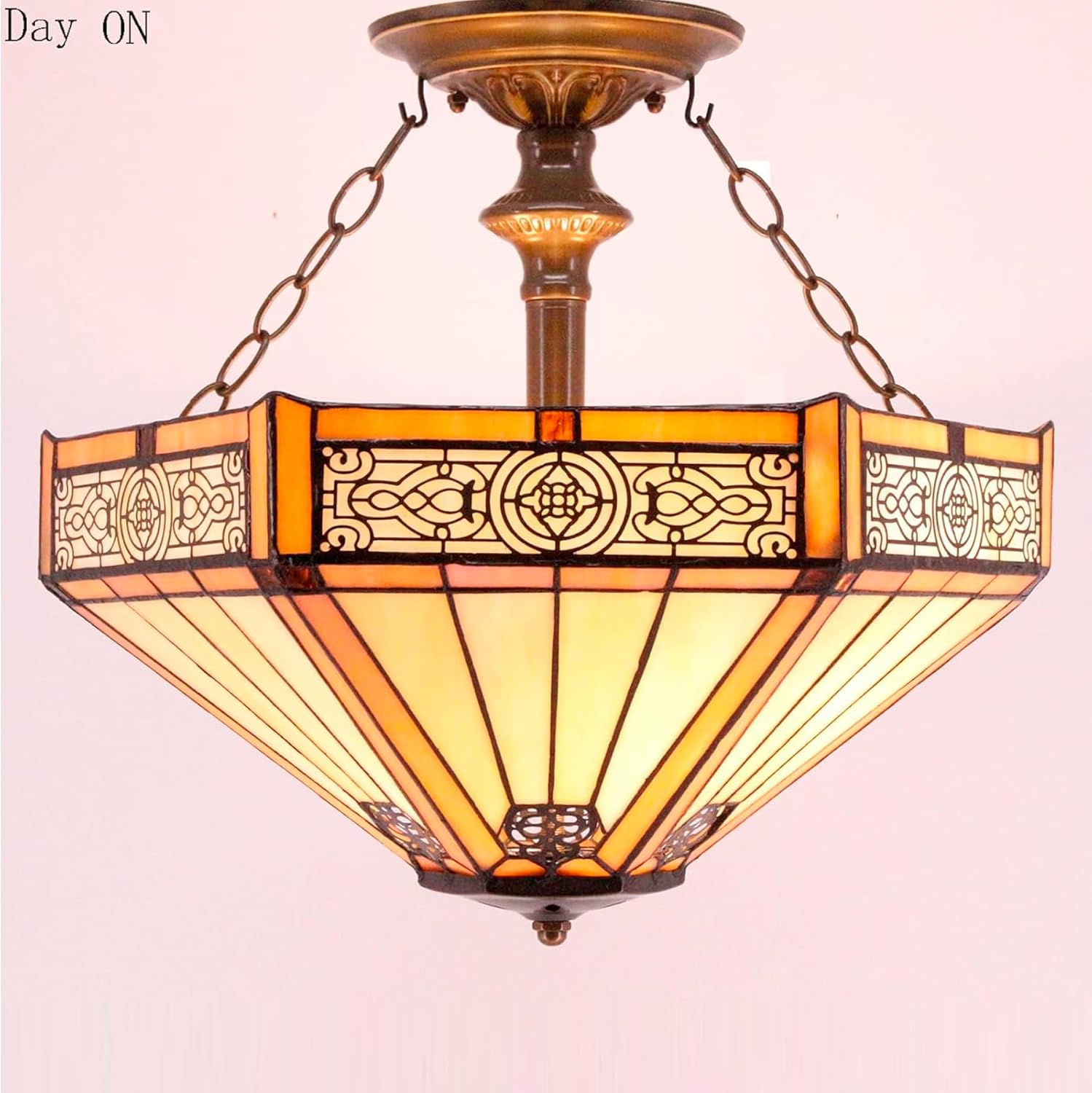 WERFACTORY Tiffany Ceiling Light Fixture Yellow Hexagon Stained Glass Mission Semi Flush Mount Lamp Wide 16 Inch Height 15 Inch Tiffany Ceiling Lamp S011 Series