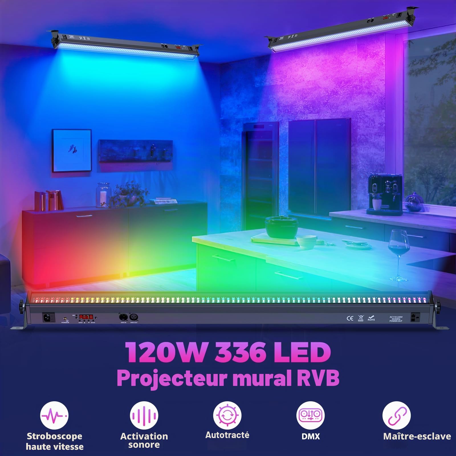 336 LED Barre Wallwasher, 120W U`King RGBW Lumière de Scène Console, Stroboscope Effet Tempête Chapiteau Projecteurs pour Scène Bar DJ Soiree Fête Disco Éclairage Mariage, 1 pièce