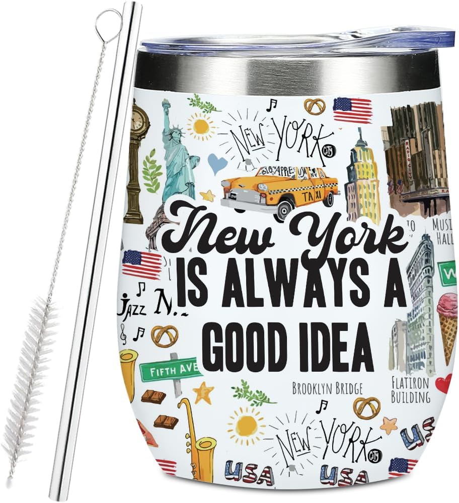 New York Travel Wine Tumbler, 12 oz Tumbler with Lid, Straw Insulated Wine Glass Stainless Steel Travel Coffee Mug,New York Souvenir Gifts for Women Bridesmaid Friend City Lover Birthday Christmas