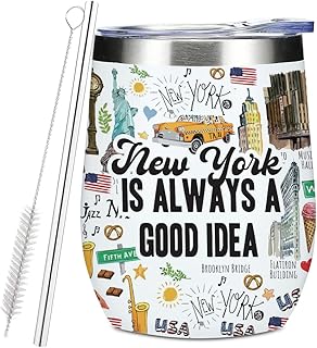 New York Travel Wine Tumbler, 12 oz Tumbler with Lid, Straw Insulated Wine Glass Stainless Steel Travel Coffee Mug,New York Souvenir Gifts for Women Bridesmaid Friend City Lover Birthday Christmas