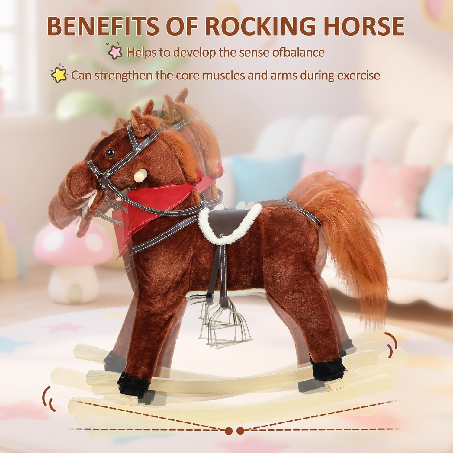 Rocking Horse Toy for Kids Plush Ride on Animal with Wooden Rockers, Moving Mouth and Wagging Tail, Musical Sounds, Baby Rocking Chair, 120kg Weight Capacity, Ages 1-6 Dark Brown Middle