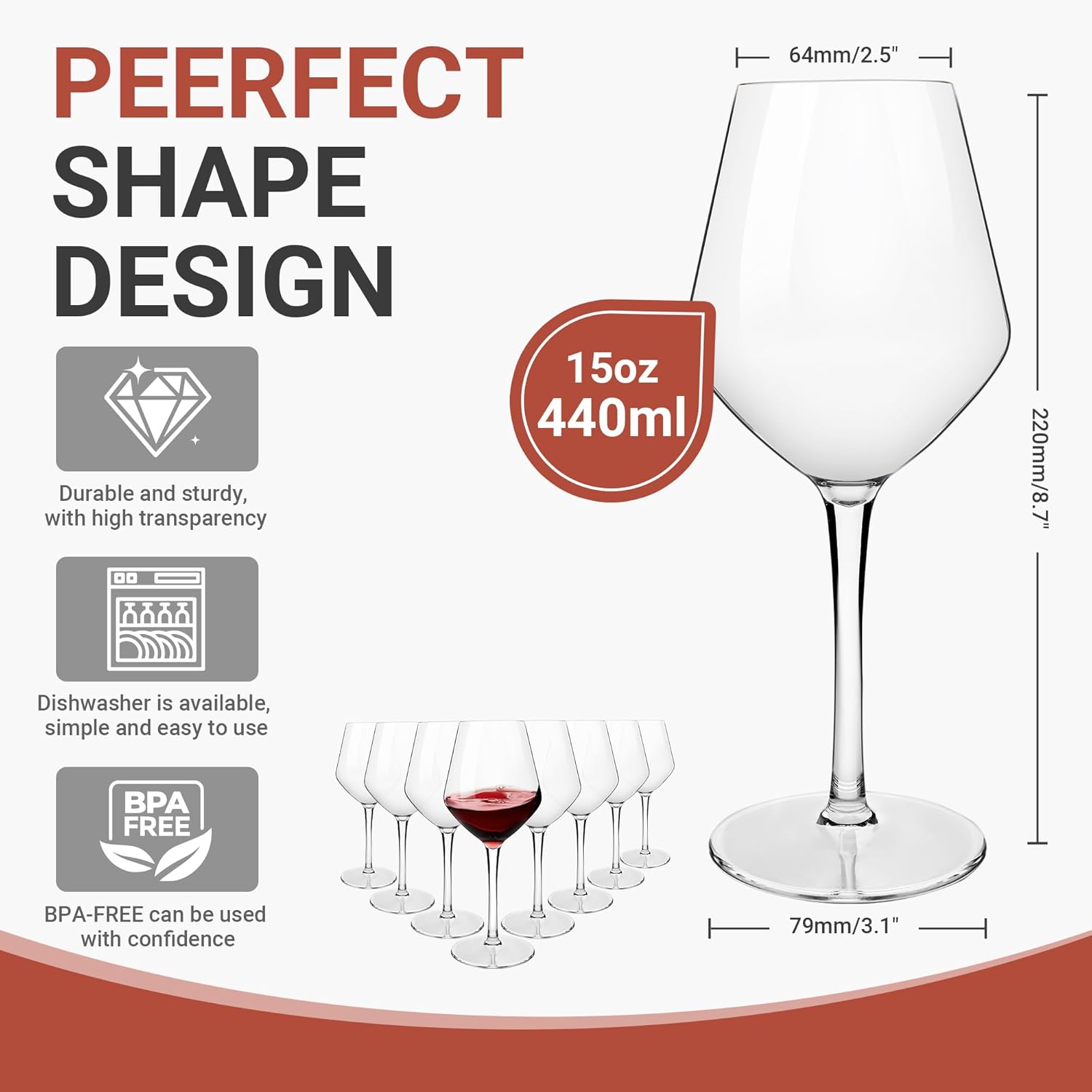 Unbreakable Tritan-Plastic Burgundy Wine Glasses Set of 8-15 oz, Clear Shatterproof Red Wine Glasses, Gift for Party, Wedding, Pool, Dishwasher Safe