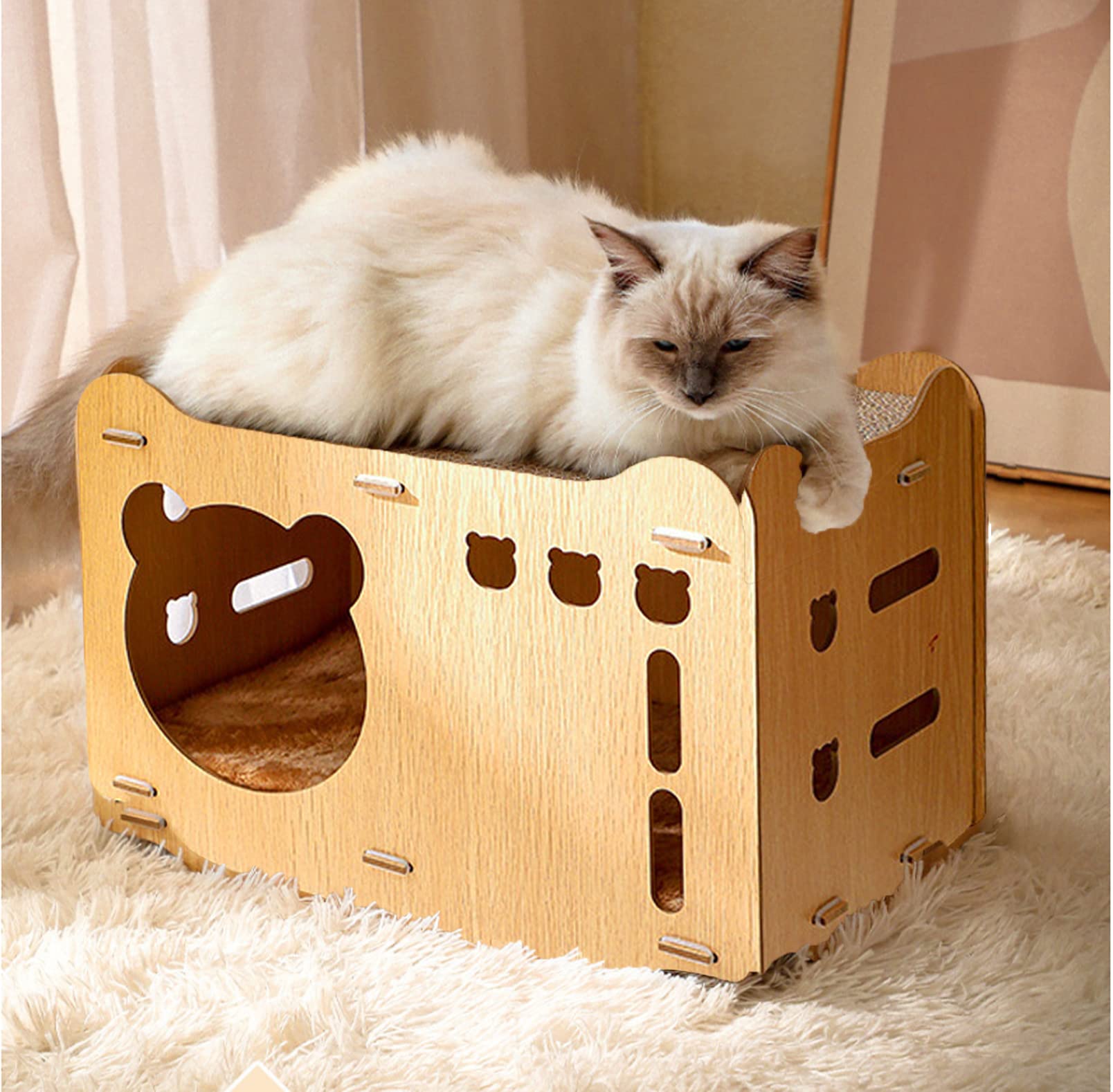 Rascador de madera para gatos de interior con cartón corrugado