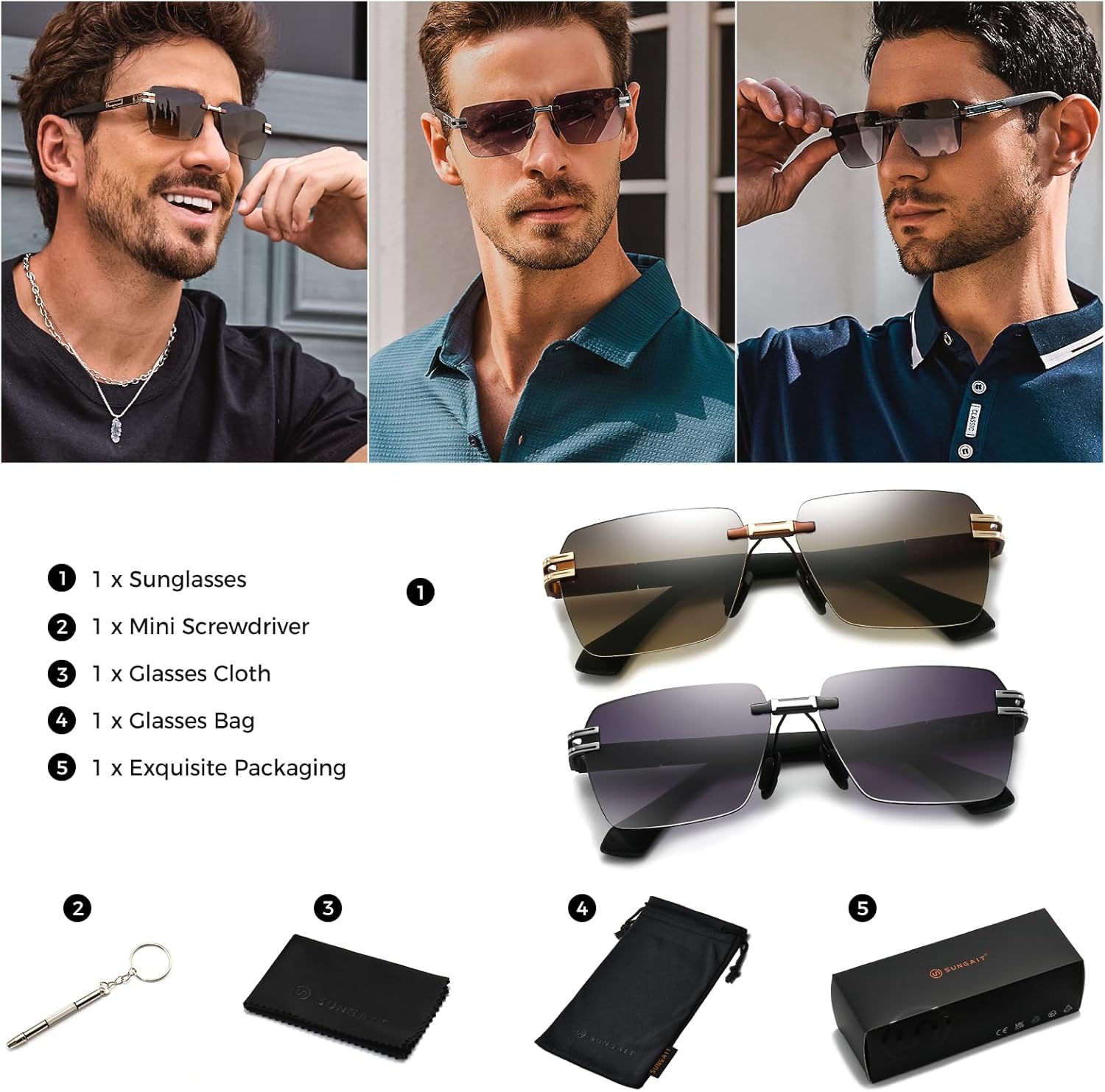 SUNGAIT Rimless Rectangle Sunglasses Square Frameless Shades for Men Women Y2K Vintage UV Protection - Image 6