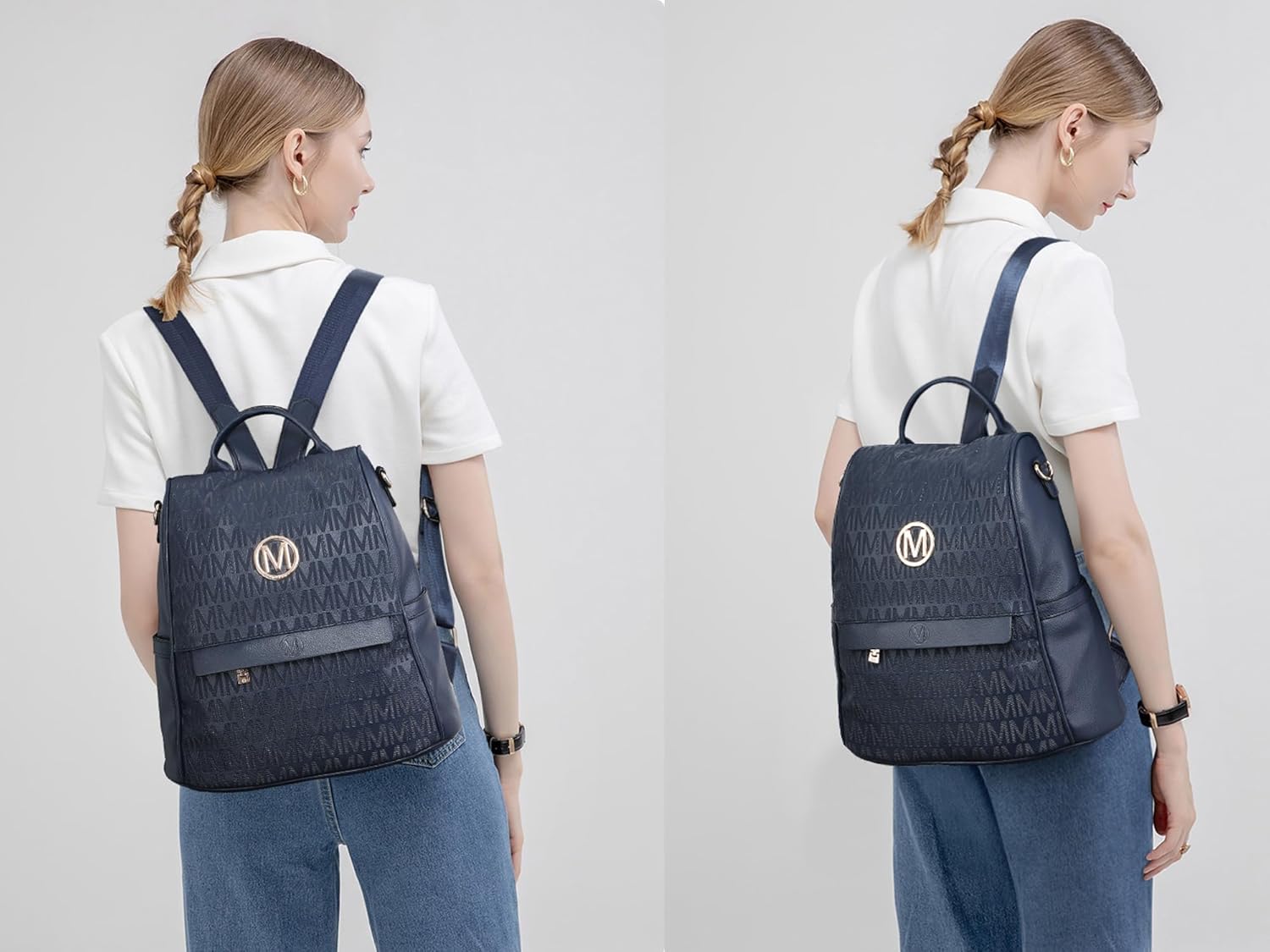 MKP Women Fashion Backpack Purse Multi Pockets Signature Anti-Theft Rucksack Travel Ladies Shoulder Bag Handbag 2Pcs - Image 3