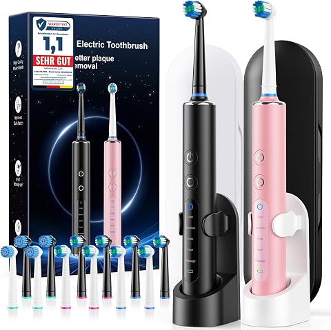 Electric Toothbrush 2 Pack for Adults & Kids, Rotating Toothbrush with 3 Intensities & 5 Modes, Electric Toothbrush Rechargeable with 12 Brush Heads, 2 Travel Cases, 120 Days Battery